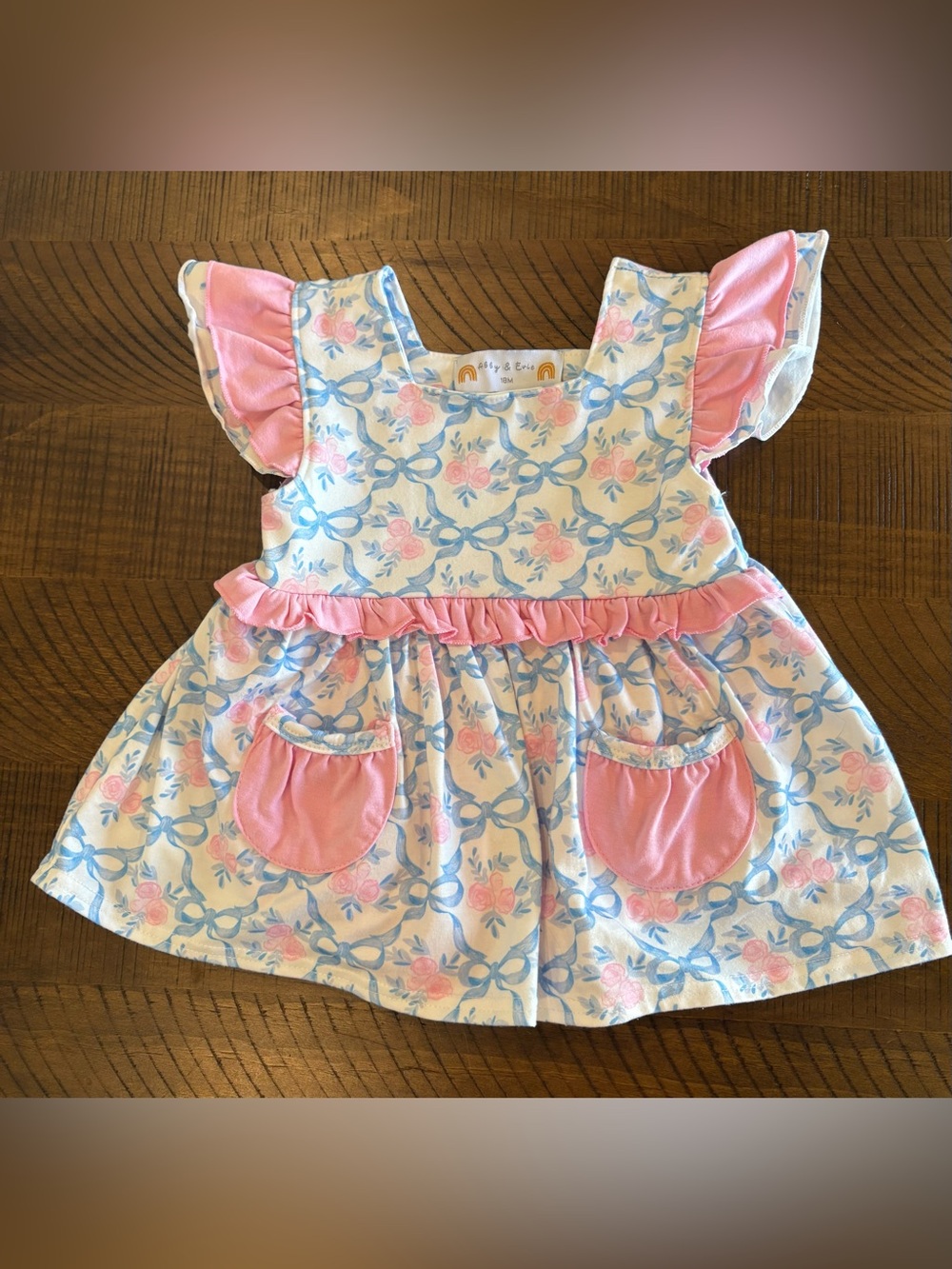 Pink & Blue Skirted Bodysuit Flutter Sleeve Ruffled Twirl Dress Bows & Roses